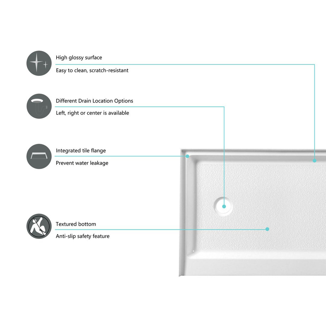 60X30 Inch Single Threshold Shower Tray Left Drain In Glossy White - View 5 - Joshua Marshal