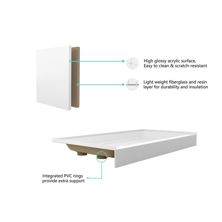 60X32 Inch Single Threshold Shower Tray Left Drain In Glossy White - View 5 - Joshua Marshal