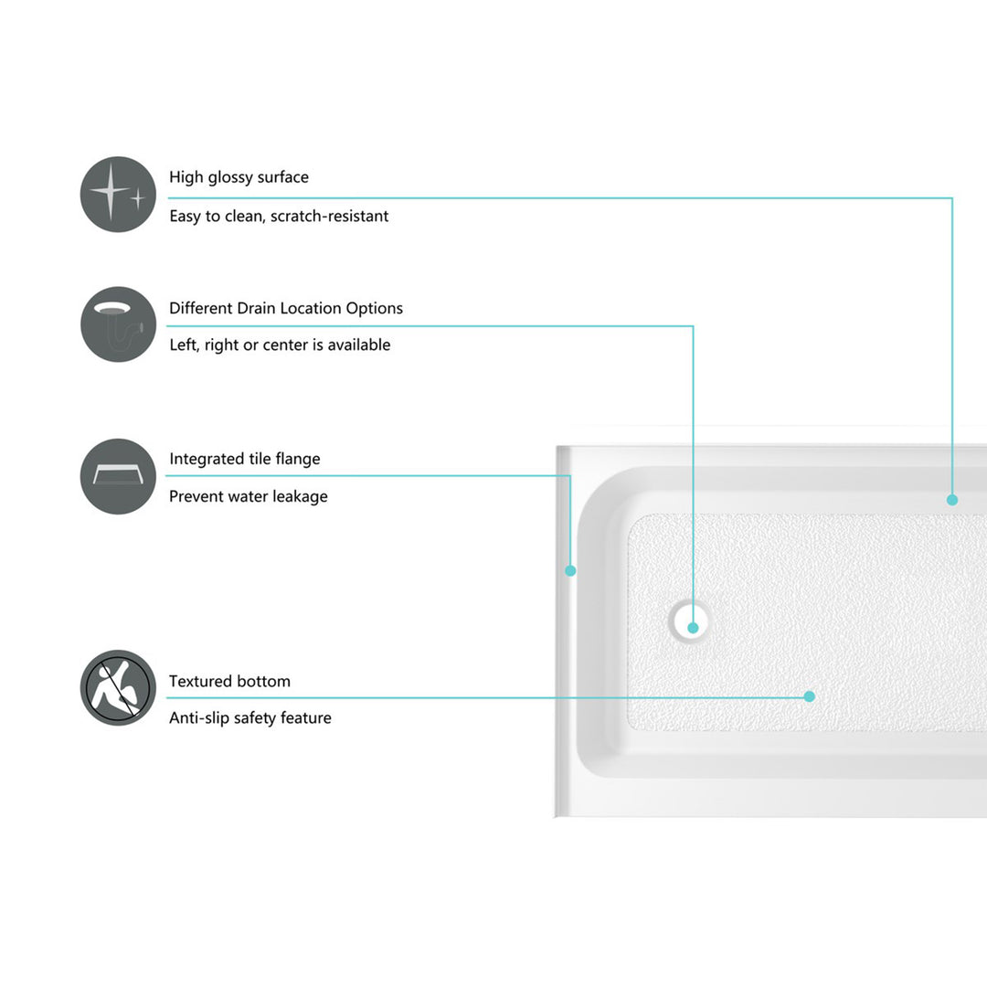 60X32 Inch Single Threshold Shower Tray Left Drain In Glossy White - View 6 - Joshua Marshal
