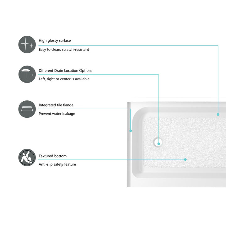 60X32 Inch Single Threshold Shower Tray Left Drain In Glossy White - View 6 - Joshua Marshal