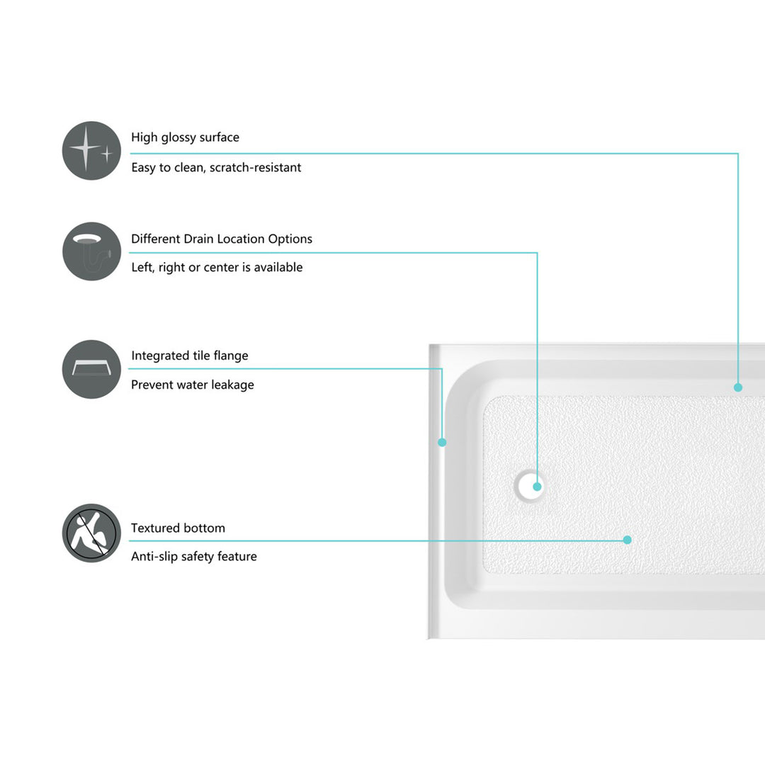60X36 Inch Single Threshold Shower Tray Left Drain In Glossy White - View 5 - Joshua Marshal