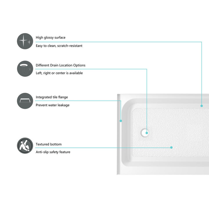 60X36 Inch Single Threshold Shower Tray Left Drain In Glossy White - View 5 - Joshua Marshal