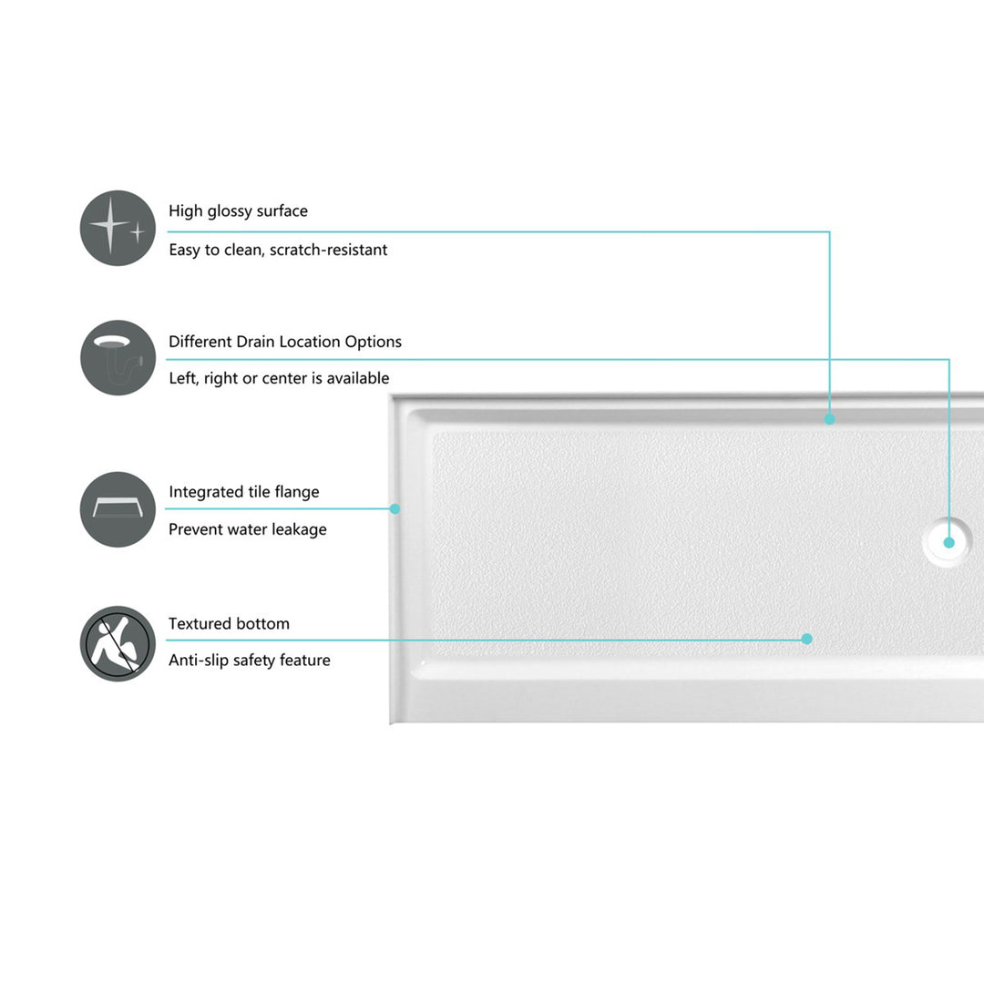 60X30 Inch Single Threshold Shower Tray Right Drain In Glossy White - View 4 - Joshua Marshal