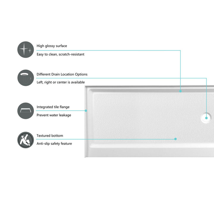 60X30 Inch Single Threshold Shower Tray Right Drain In Glossy White - View 4 - Joshua Marshal