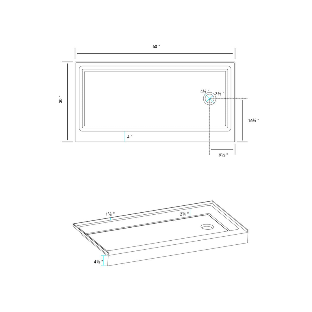 60X30 Inch Single Threshold Shower Tray Right Drain In Glossy White - View 6 - Joshua Marshal