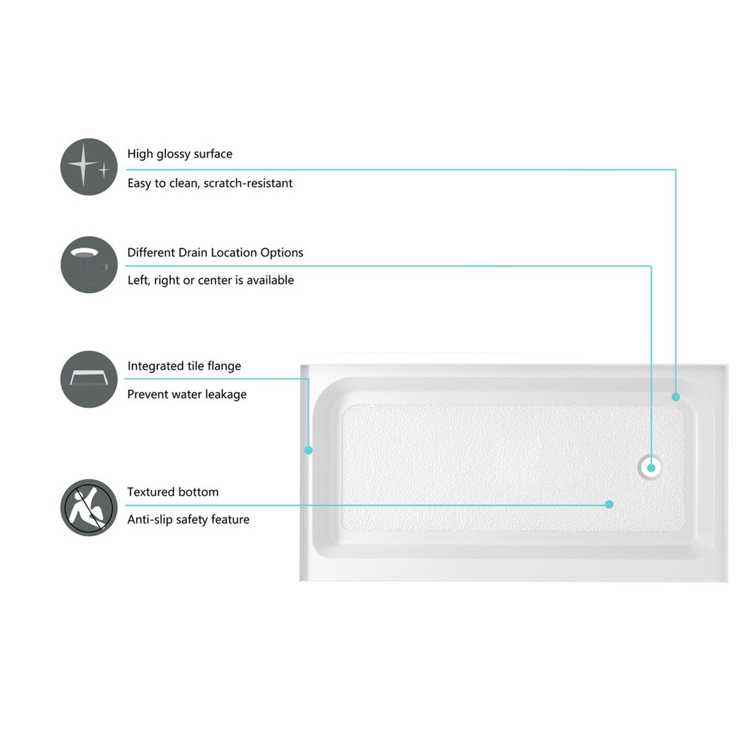 60X32 Inch Single Threshold Shower Tray Right Drain In Glossy White - View 5 - Joshua Marshal