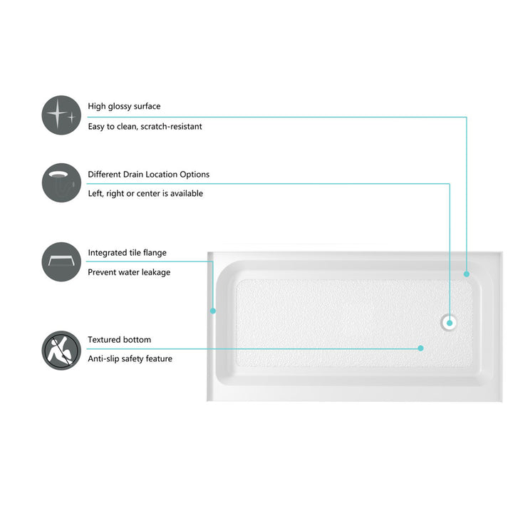 60X32 Inch Single Threshold Shower Tray Right Drain In Glossy White - View 5 - Joshua Marshal