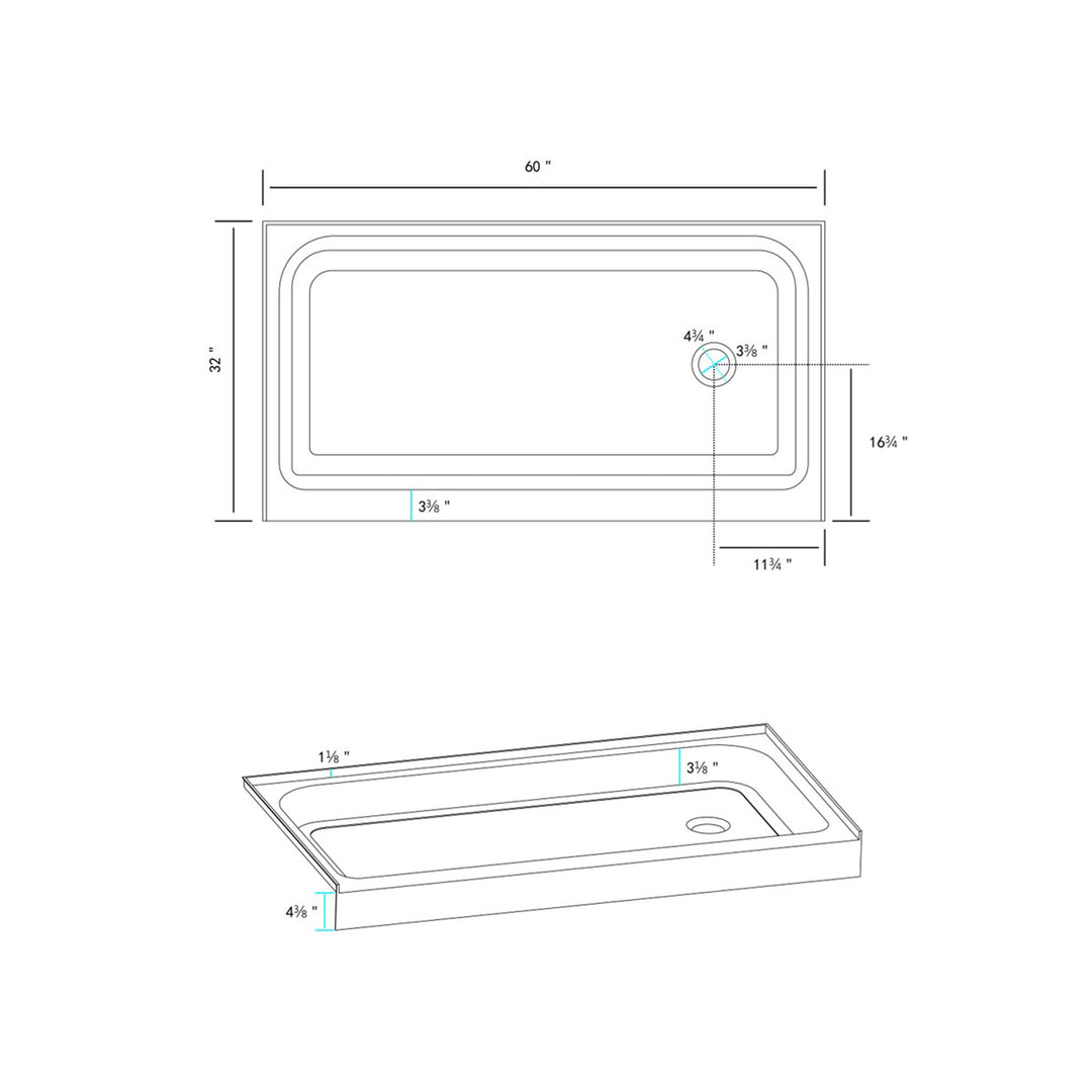 60X32 Inch Single Threshold Shower Tray Right Drain In Glossy White - View 6 - Joshua Marshal
