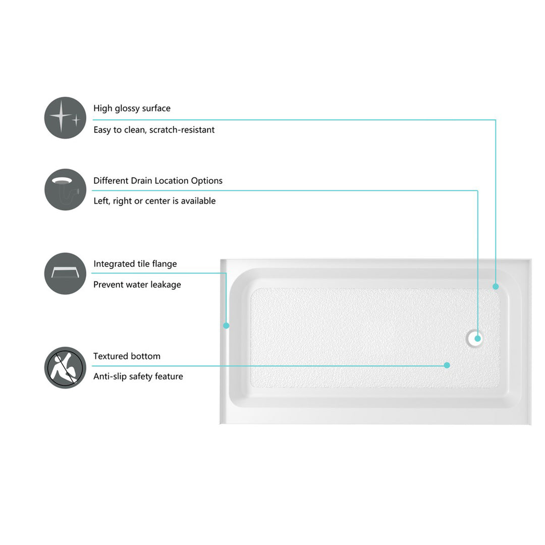 60X36 Inch Single Threshold Shower Tray Right Drain In Glossy White - View 6 - Joshua Marshal