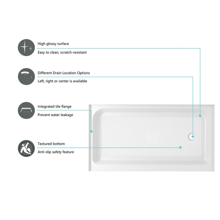 60X36 Inch Single Threshold Shower Tray Right Drain In Glossy White - View 6 - Joshua Marshal