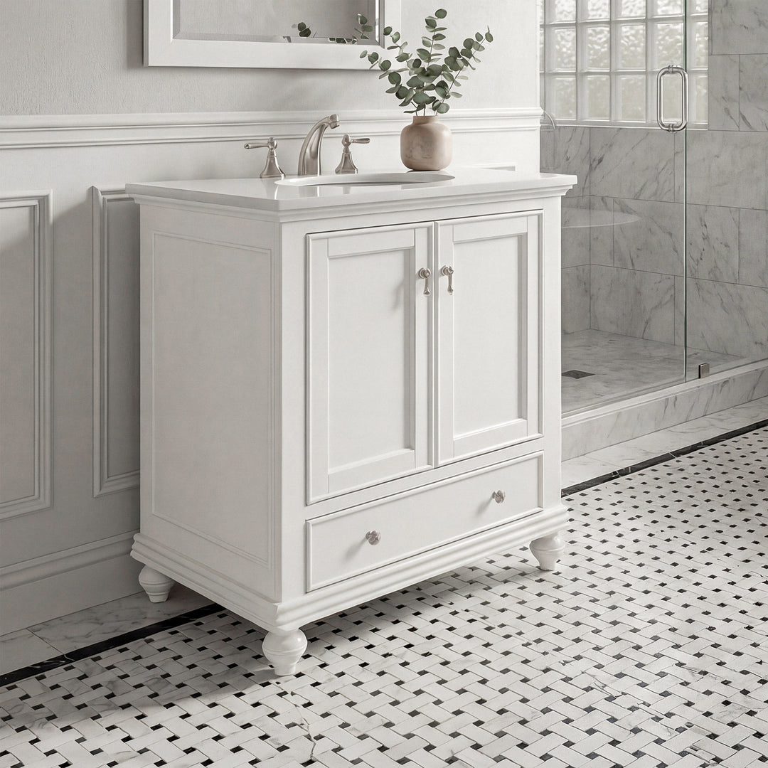 30 Inch Single Bathroom Vanity In Antique White With Ivory White Marble Antique White Finish - KITCHEN & BATH by Joshua Marshal