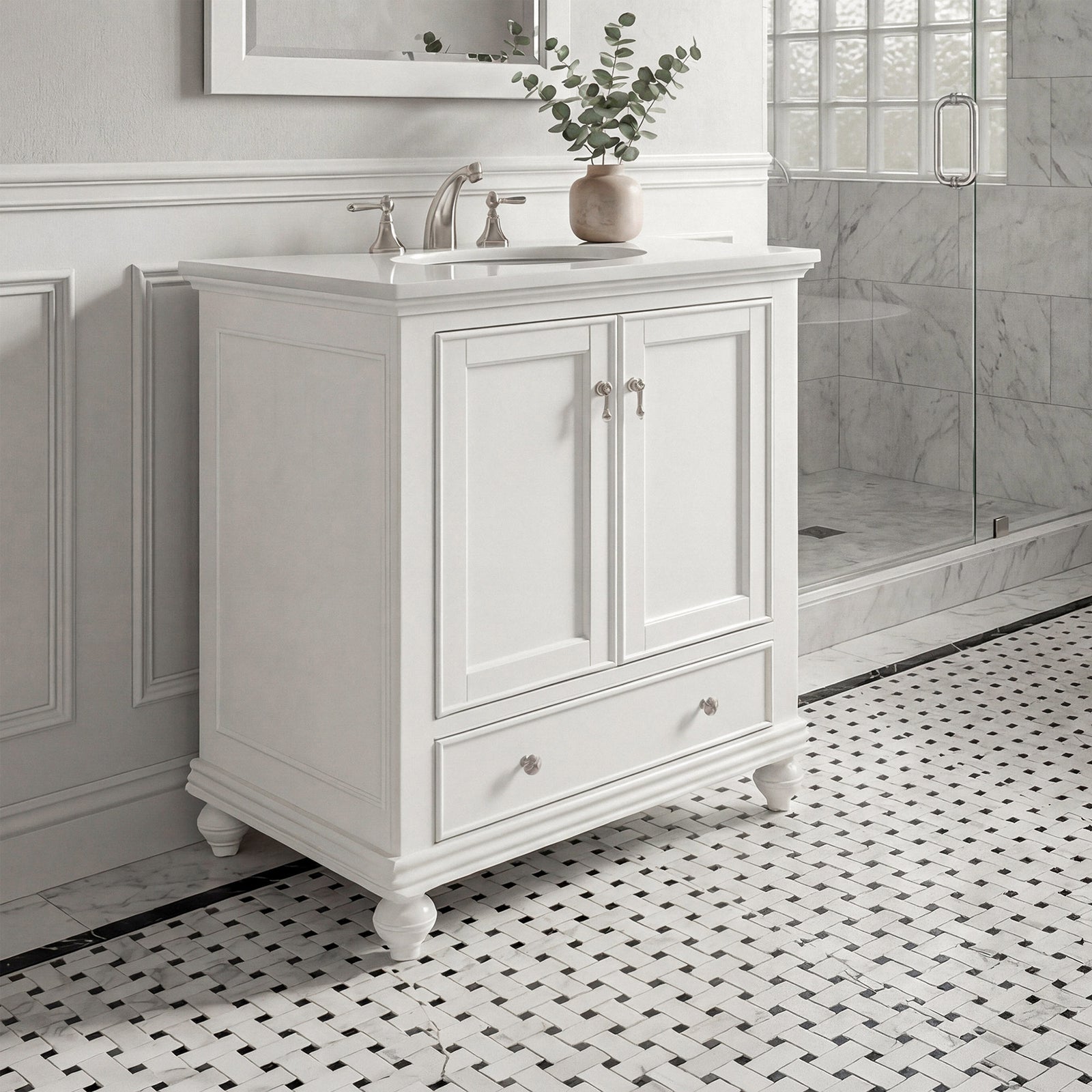 30 Inch Single Bathroom Vanity In Antique White With Ivory White Marble Antique White Finish - KITCHEN & BATH by Joshua Marshal