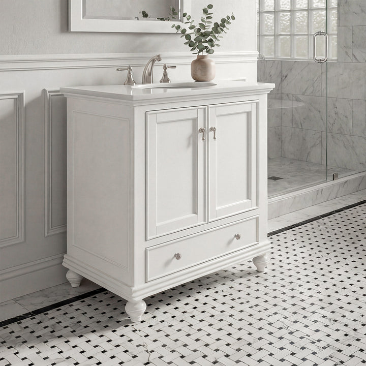 30 Inch Single Bathroom Vanity In Antique White With Ivory White Marble Antique White Finish - KITCHEN & BATH by Joshua Marshal