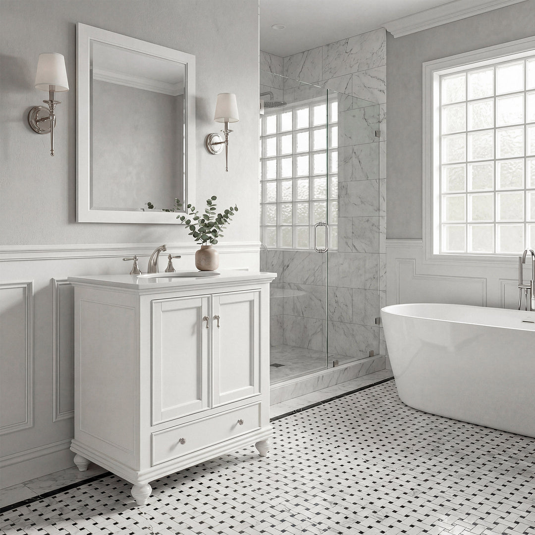 30 Inch Single Bathroom Vanity In Antique White With Ivory White Marble - View 2 - Joshua Marshal