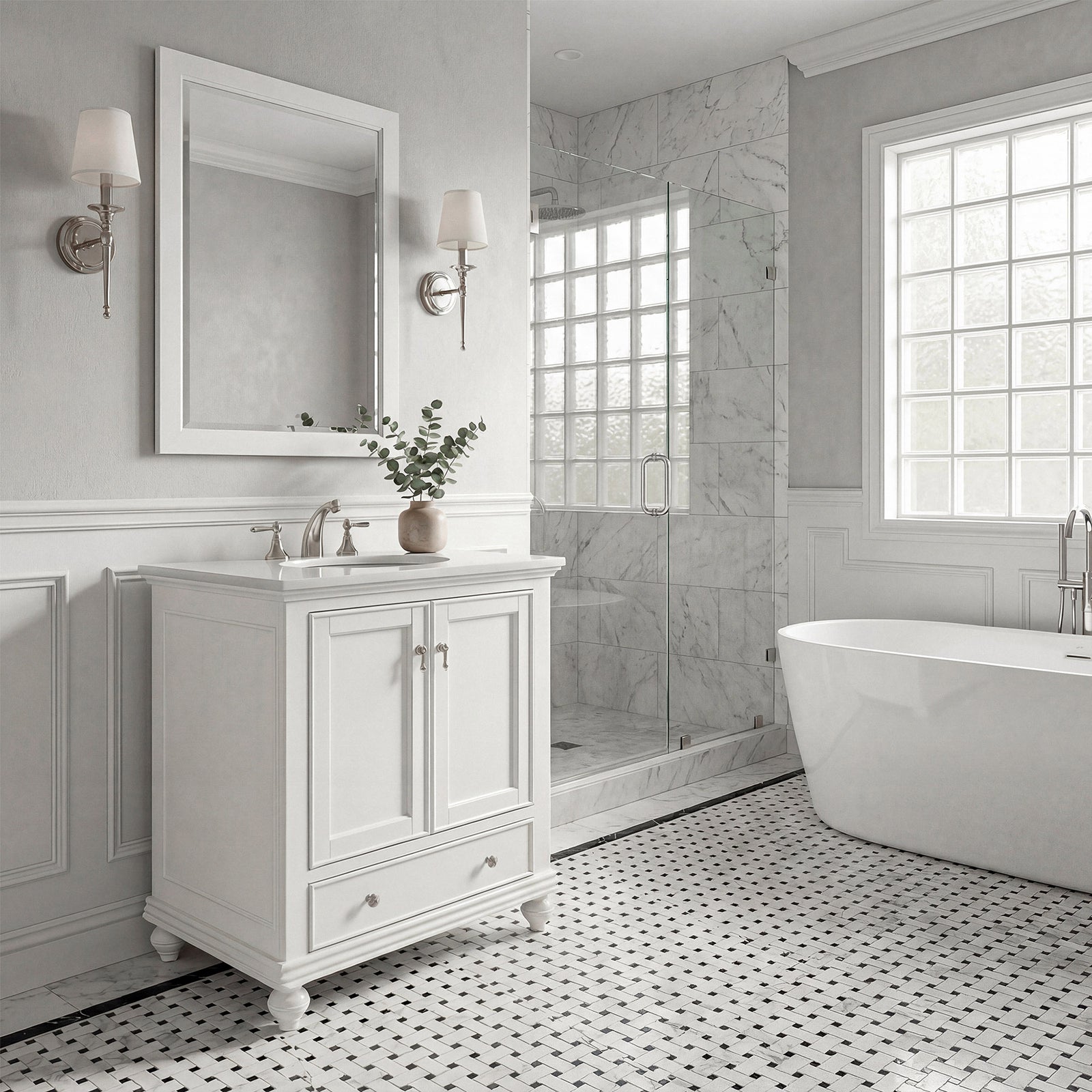 30 Inch Single Bathroom Vanity In Antique White With Ivory White Marble - View 2 - Joshua Marshal