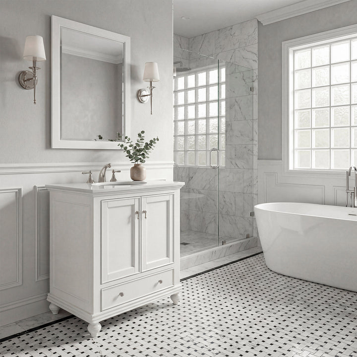 30 Inch Single Bathroom Vanity In Antique White With Ivory White Marble - View 2 - Joshua Marshal