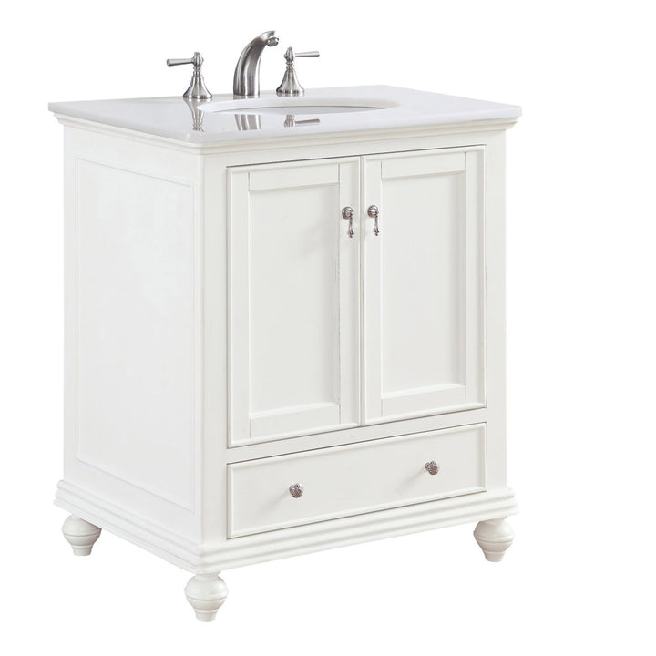 30 Inch Single Bathroom Vanity In Antique White With Ivory White Marble - View 4 - Joshua Marshal