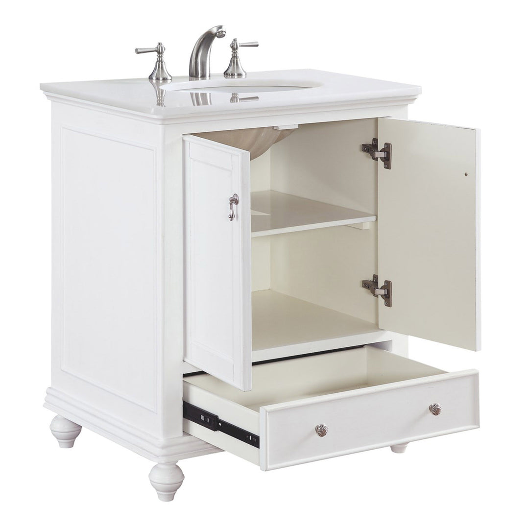 30 Inch Single Bathroom Vanity In Antique White With Ivory White Marble - View 5 - Joshua Marshal