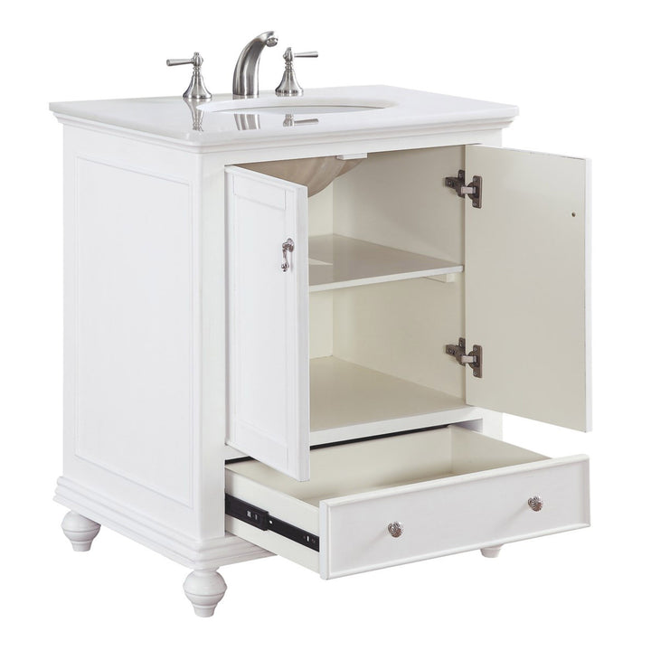 30 Inch Single Bathroom Vanity In Antique White With Ivory White Marble - View 5 - Joshua Marshal