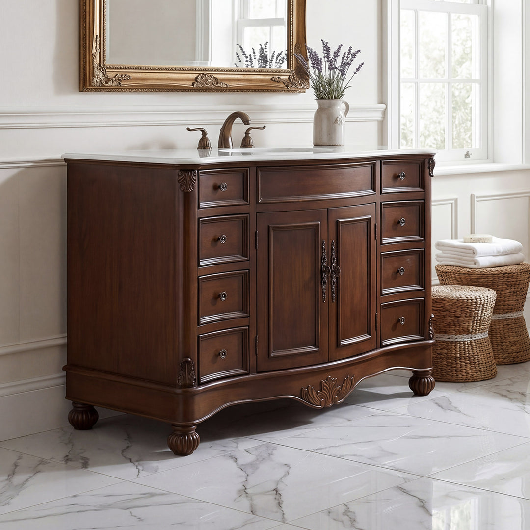 48 Inch Single Bathroom Vanity In Teak Color With Ivory White Marble Brown Finish - KITCHEN & BATH by Joshua Marshal