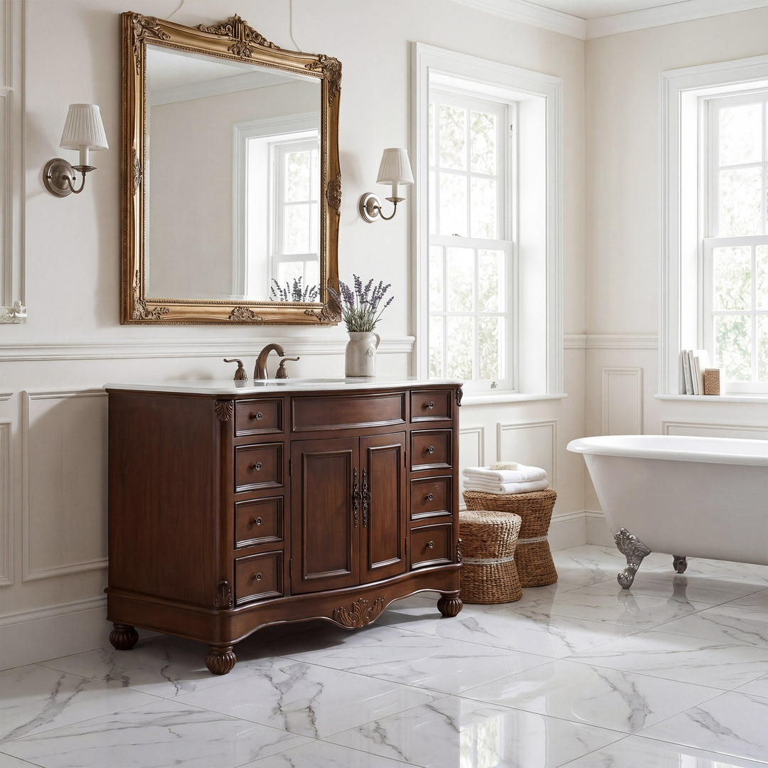 48 Inch Single Bathroom Vanity In Teak Color With Ivory White Marble - View 2 - Joshua Marshal