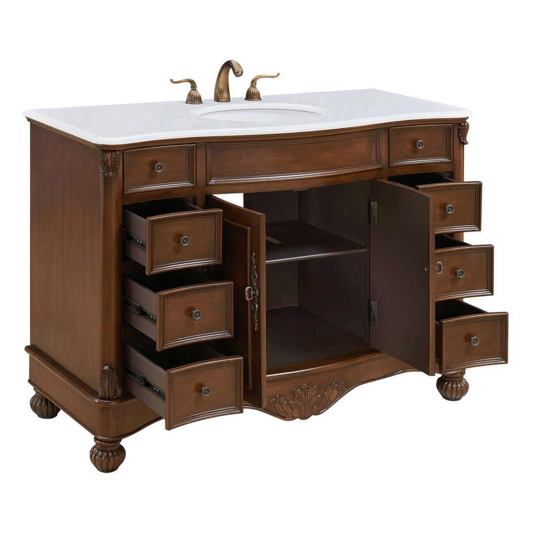 48 Inch Single Bathroom Vanity In Teak Color With Ivory White Marble - View 5 - Joshua Marshal