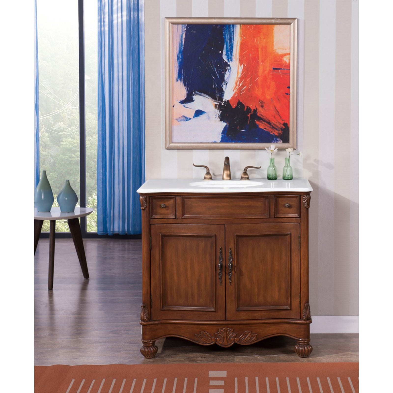 36 Inch Single Bathroom Vanity In Brown With Ivory White Marble - View 2 - Joshua Marshal