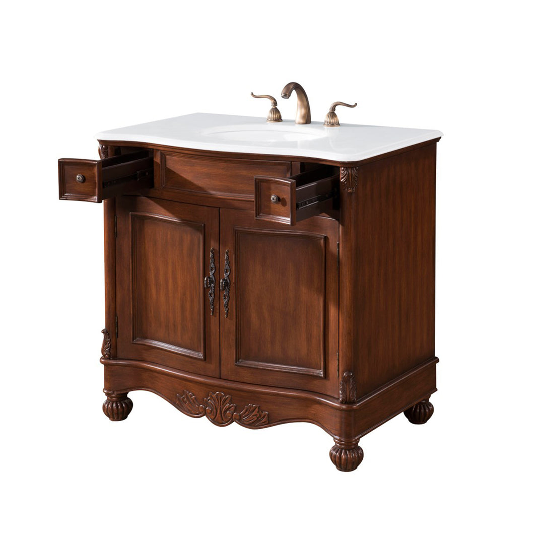 36 Inch Single Bathroom Vanity In Brown With Ivory White Marble - View 4 - Joshua Marshal