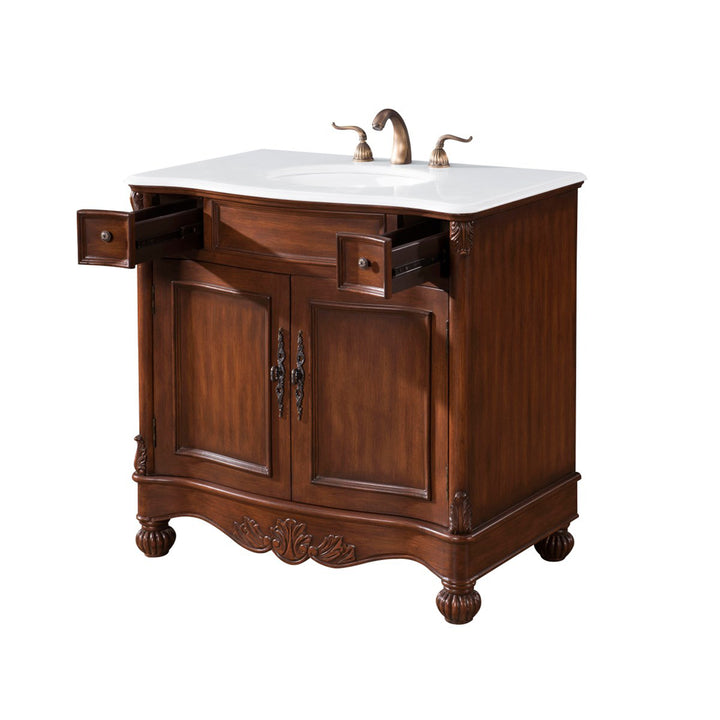 36 Inch Single Bathroom Vanity In Brown With Ivory White Marble - View 4 - Joshua Marshal