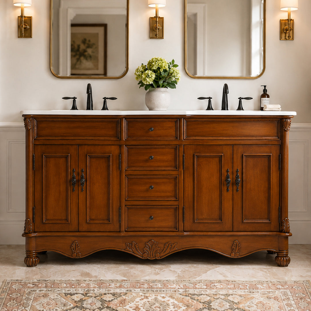 60 Inch Double Bathroom Vanity In Teak With Ivory White Marble Teak Finish - KITCHEN & BATH by Joshua Marshal