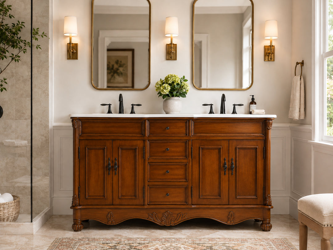 60 Inch Double Bathroom Vanity In Teak With Ivory White Marble - View 2 - Joshua Marshal