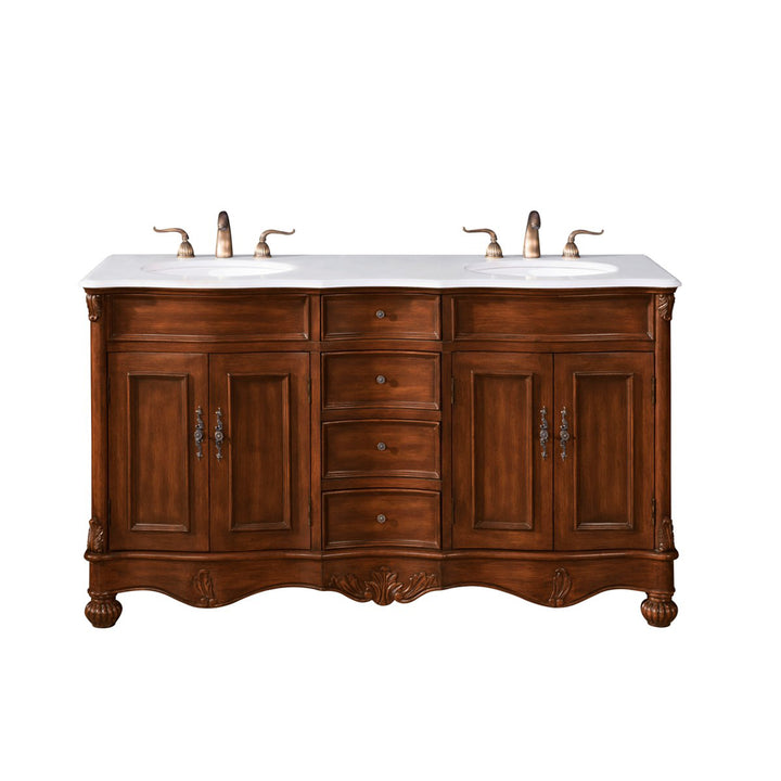 60 Inch Double Bathroom Vanity In Teak With Ivory White Marble - View 3 - Joshua Marshal
