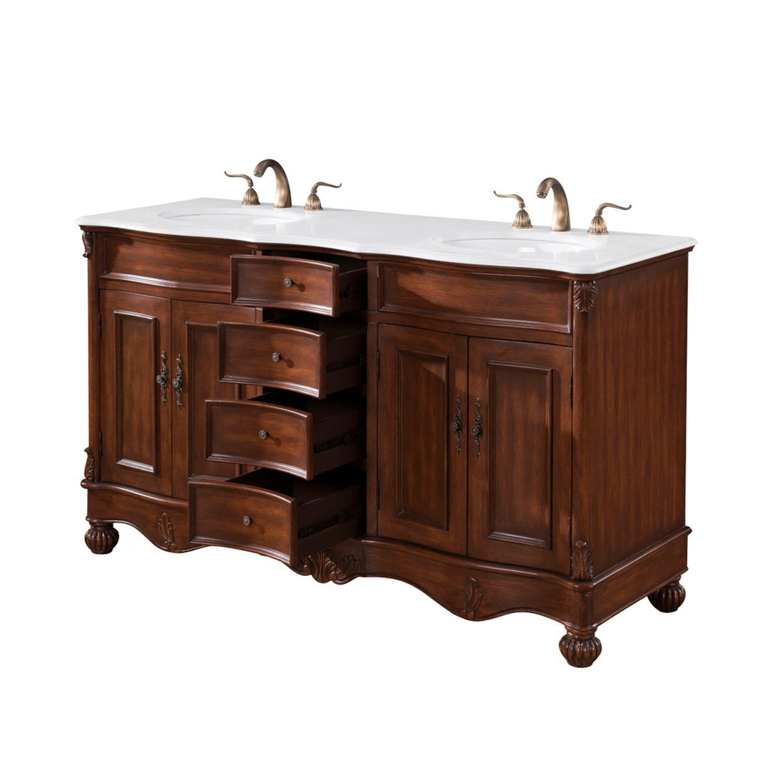 60 Inch Double Bathroom Vanity In Teak With Ivory White Marble - View 4 - Joshua Marshal