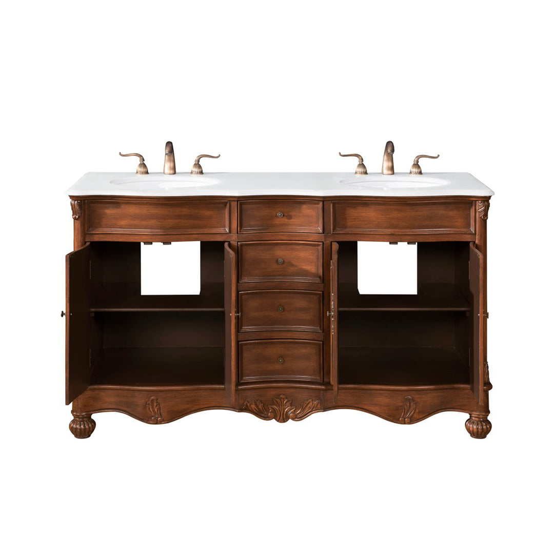 60 Inch Double Bathroom Vanity In Teak With Ivory White Marble - View 5 - Joshua Marshal