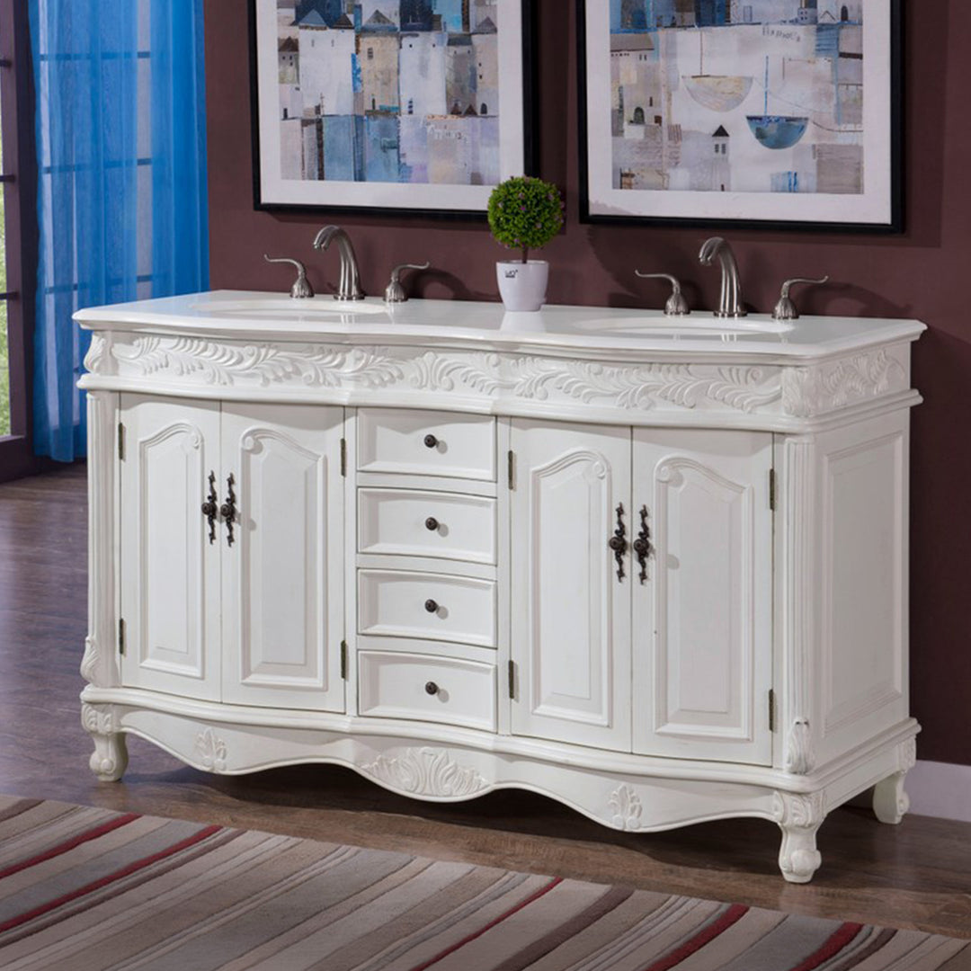 60 Inch Double Bathroom Vanity In Antique White With Ivory White Marble Antique White Finish - KITCHEN & BATH by Joshua Marshal