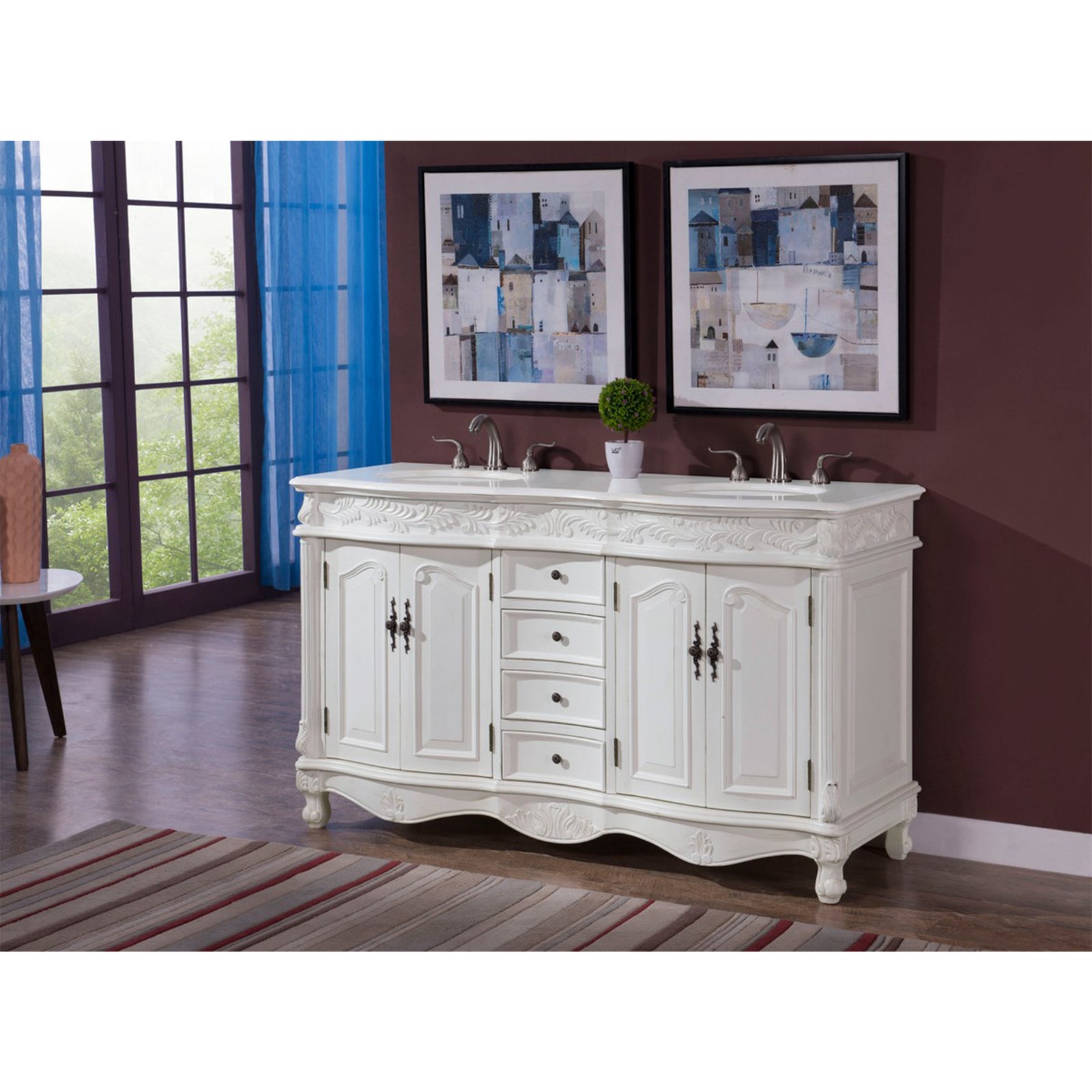 60 Inch Double Bathroom Vanity In Antique White With Ivory White Marble - View 2 - Joshua Marshal