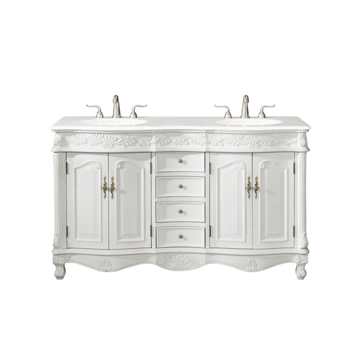 60 Inch Double Bathroom Vanity In Antique White With Ivory White Marble - View 3 - Joshua Marshal