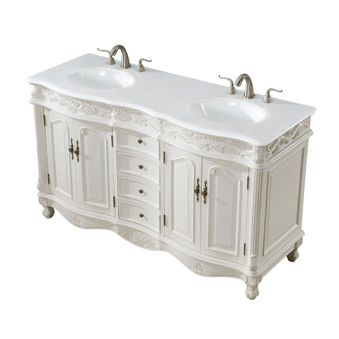 60 Inch Double Bathroom Vanity In Antique White With Ivory White Marble - View 4 - Joshua Marshal