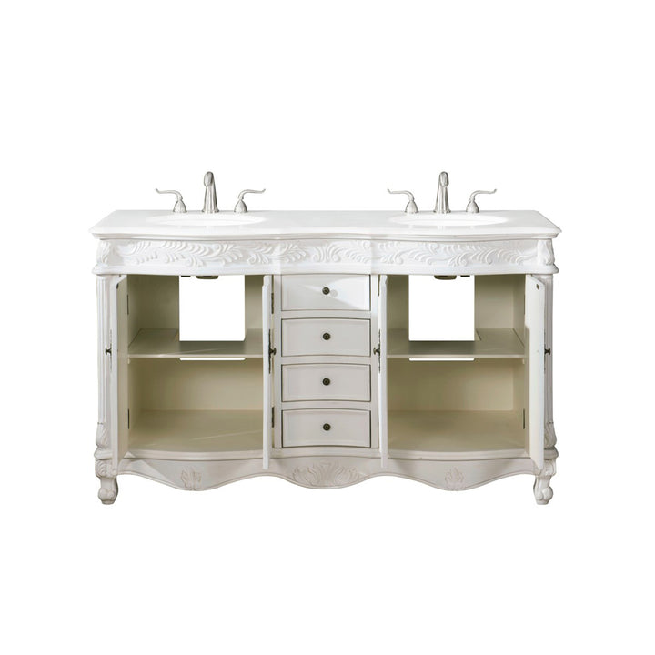60 Inch Double Bathroom Vanity In Antique White With Ivory White Marble - View 5 - Joshua Marshal