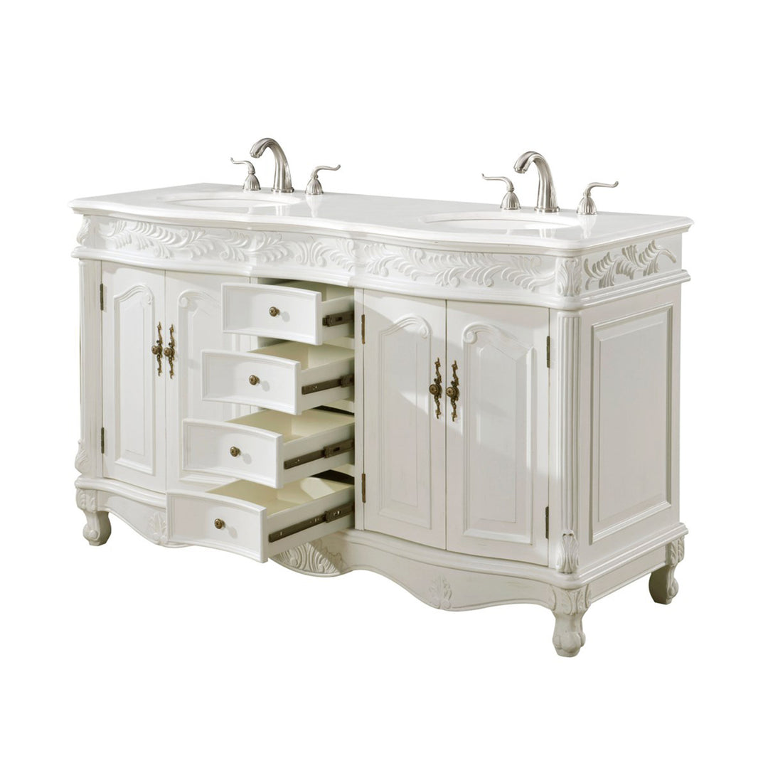 60 Inch Double Bathroom Vanity In Antique White With Ivory White Marble - View 6 - Joshua Marshal