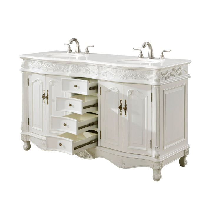 60 Inch Double Bathroom Vanity In Antique White With Ivory White Marble - View 6 - Joshua Marshal