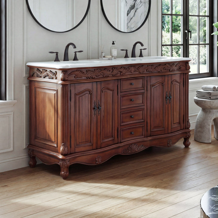 60 Inch Double Bathroom Vanity In Teak With Ivory White Marble Teak Finish - KITCHEN & BATH by Joshua Marshal