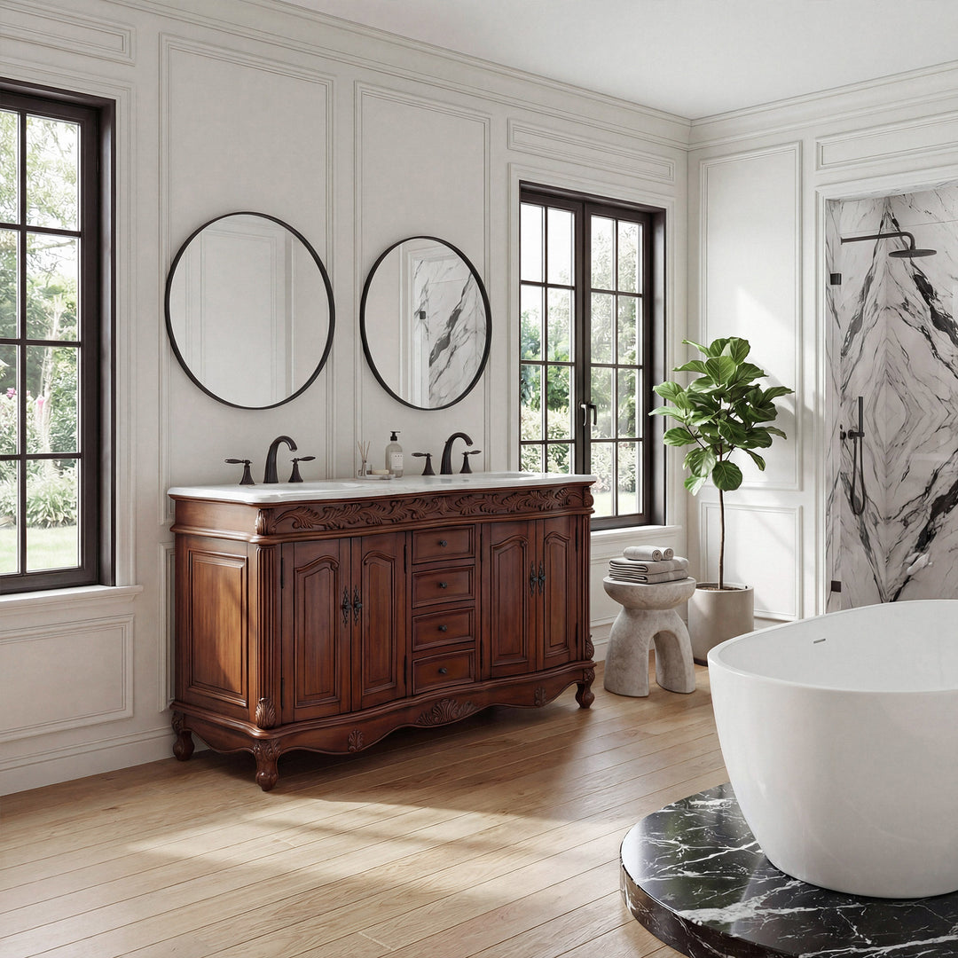 60 Inch Double Bathroom Vanity In Teak With Ivory White Marble - View 2 - Joshua Marshal