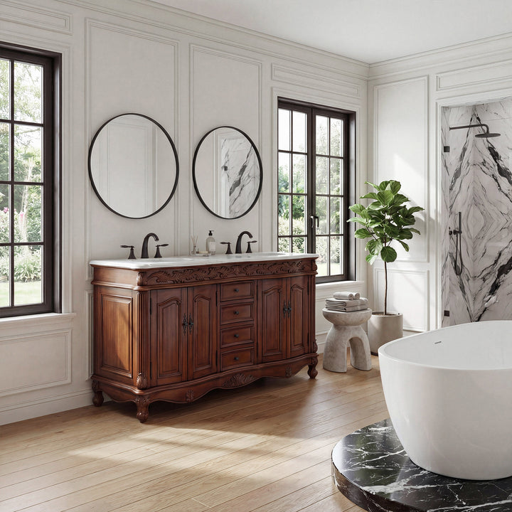 60 Inch Double Bathroom Vanity In Teak With Ivory White Marble - View 2 - Joshua Marshal