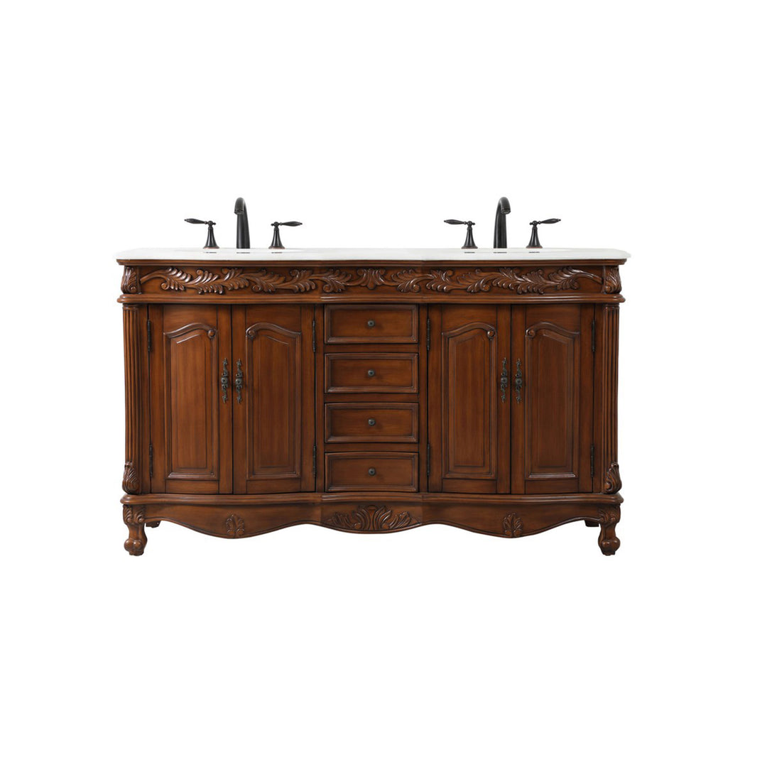 60 Inch Double Bathroom Vanity In Teak With Ivory White Marble - View 3 - Joshua Marshal