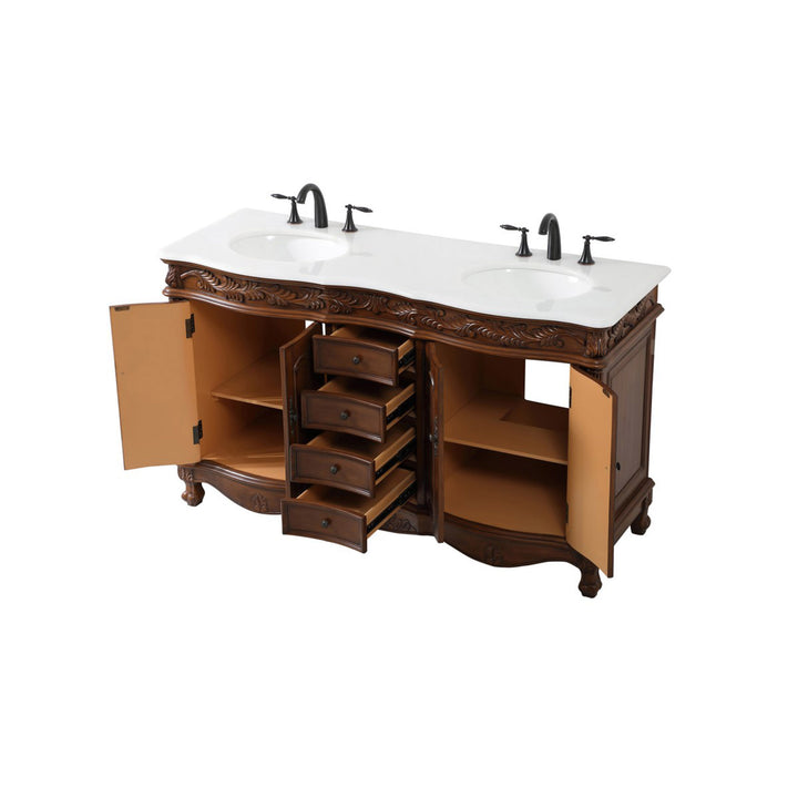 60 Inch Double Bathroom Vanity In Teak With Ivory White Marble - View 4 - Joshua Marshal