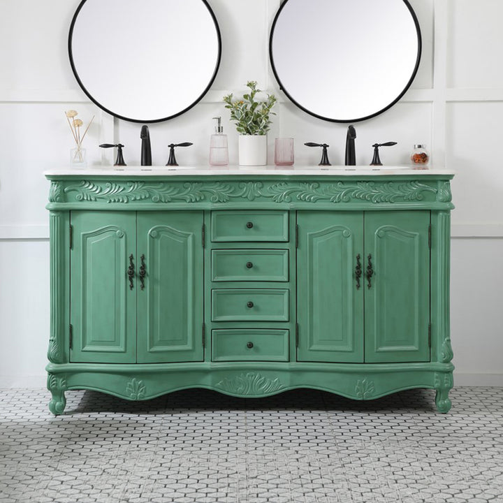 60 Inch Double Bathroom Vanity In Vintage Mint With Ivory White Marble Vintage Mint Finish - KITCHEN & BATH by Joshua Marshal