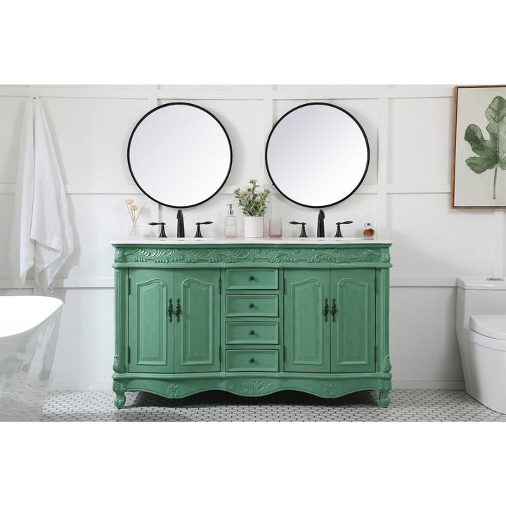60 Inch Double Bathroom Vanity In Vintage Mint With Ivory White Marble - View 2 - Joshua Marshal