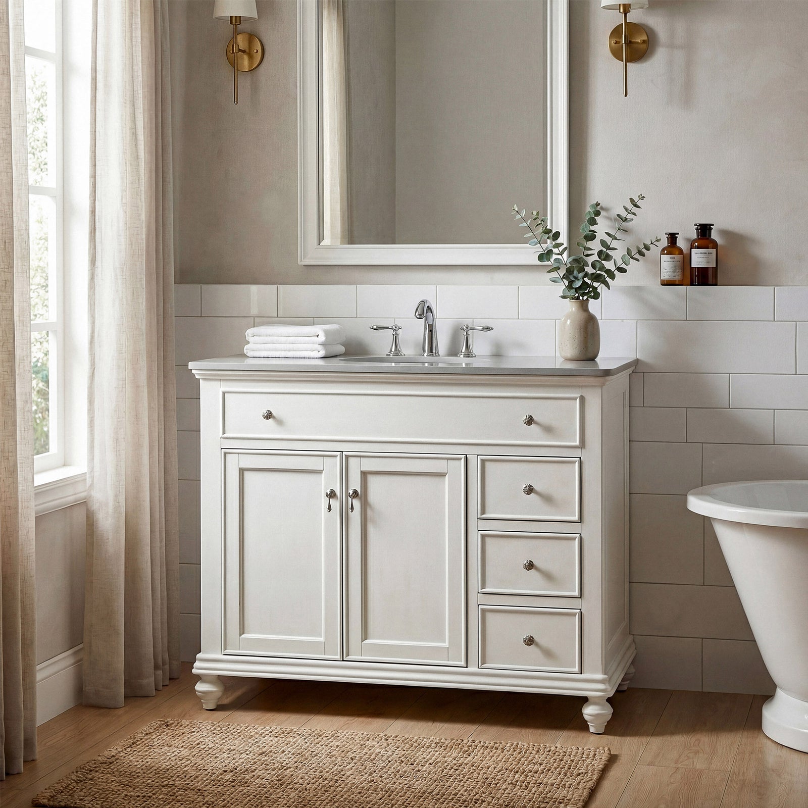 42 Inch Single Bathroom Vanity In Antique White With Ivory White Marble - View 2 - Joshua Marshal