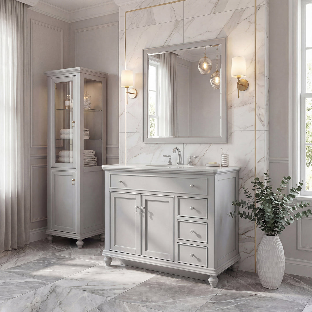 42 Inch Single Bathroom Vanity In Light Grey With Ivory White Marble - View 2 - Joshua Marshal